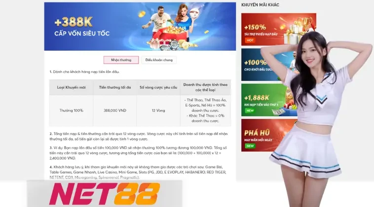 Chương trình khuyến mãi cấp vốn siêu tốc +388K từ Net88, ưu đãi hấp dẫn